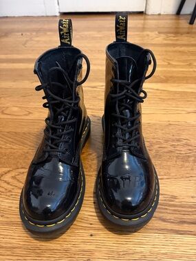 Dr. Martens Black Patent Lace-Up Boots with Yellow Stitching